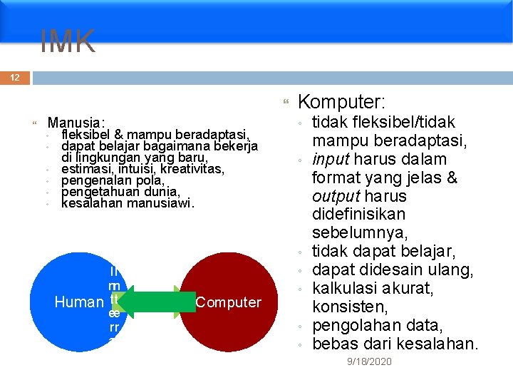 IMK 12 Manusia: ◦ ◦ ◦ fleksibel & mampu beradaptasi, dapat belajar bagaimana bekerja