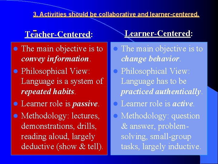 3. Activities should be collaborative and learner-centered. Learner-Centered: Teacher-Centered: The main objective is to