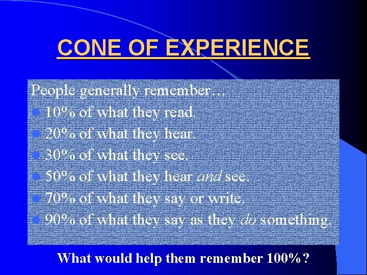 CONE OF EXPERIENCE People generally remember… l 10% of what they read. l 20%