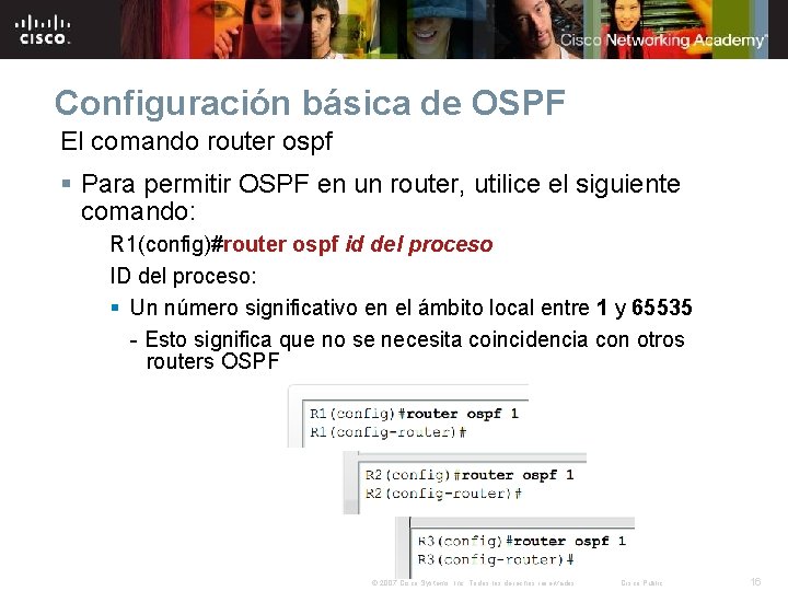 Configuración básica de OSPF El comando router ospf § Para permitir OSPF en un