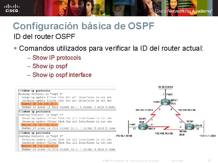 Configuración básica de OSPF ID del router OSPF § Comandos utilizados para verificar la