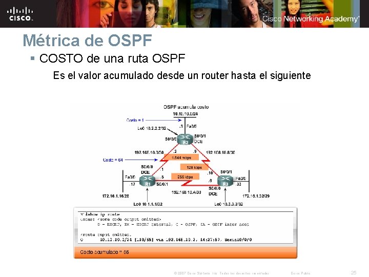 Métrica de OSPF § COSTO de una ruta OSPF Es el valor acumulado desde