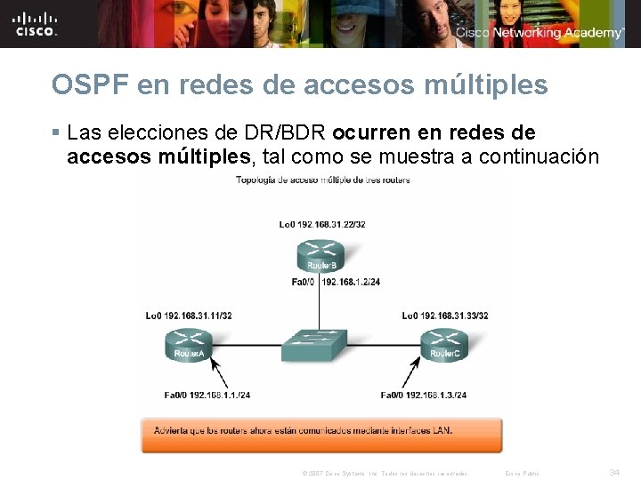 OSPF en redes de accesos múltiples § Las elecciones de DR/BDR ocurren en redes