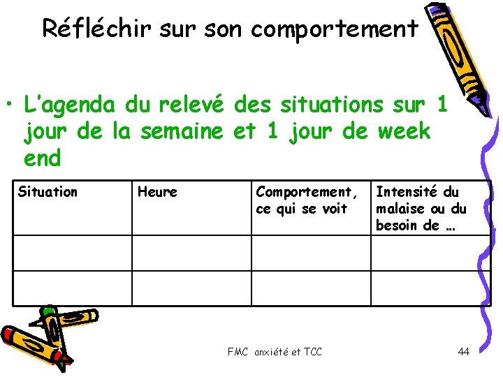 Réfléchir sur son comportement • L’agenda du relevé des situations sur 1 jour de