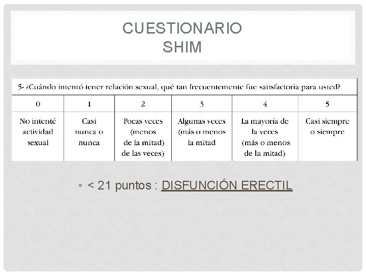 CUESTIONARIO SHIM • < 21 puntos : DISFUNCIÓN ERECTIL 