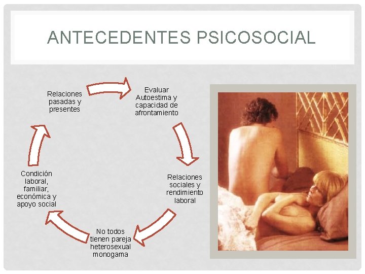 ANTECEDENTES PSICOSOCIAL Evaluar Autoestima y capacidad de afrontamiento Relaciones pasadas y presentes Condición laboral,