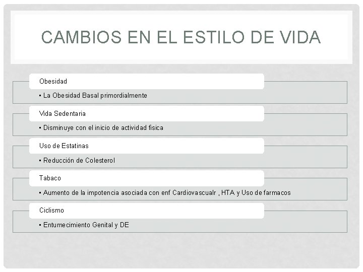 CAMBIOS EN EL ESTILO DE VIDA Obesidad • La Obesidad Basal primordialmente Vida Sedentaria