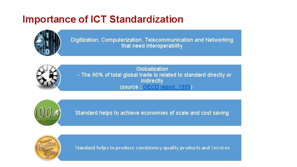 Importance of ICT Standardization Digitization, Computerization, Telecommunication and Networking that need interoperability Globalization -