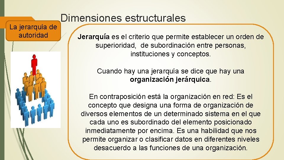 La jerarquía de autoridad Dimensiones estructurales Jerarquía es el criterio que permite establecer un La jerarquía de autoridad Dimensiones estructurales Jerarquía es el criterio que permite establecer un