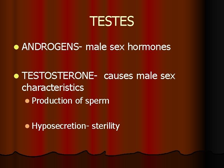 TESTES l ANDROGENS- male sex hormones l TESTOSTERONE- characteristics l Production causes male sex