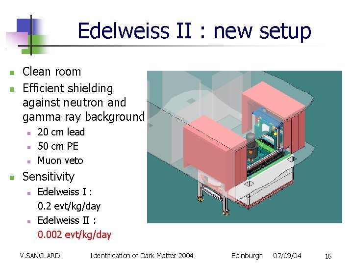 Edelweiss II : new setup Clean room Efficient shielding against neutron and gamma ray