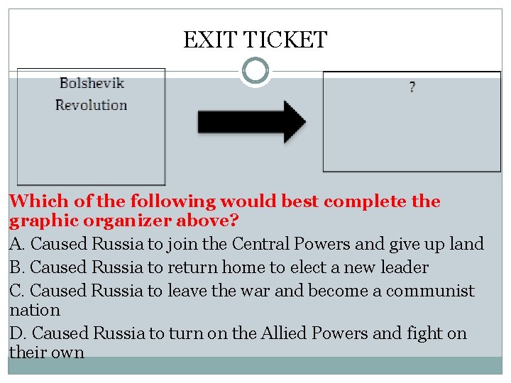 EXIT TICKET Which of the following would best complete the graphic organizer above? A. EXIT TICKET Which of the following would best complete the graphic organizer above? A.
