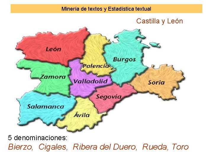 Minería de textos y Estadística textual Castilla y León 5 denominaciones: Bierzo, Cigales, Ribera