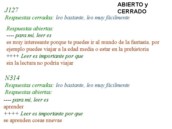 ABIERTO y J 127 CERRADO Respuestas cerradas: leo bastante, leo muy fácilmente Respuestas abiertas: