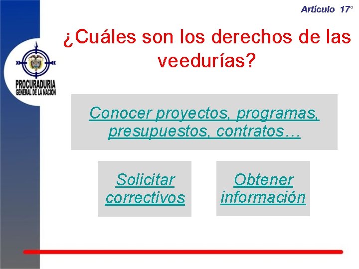 Artículo 17° ¿Cuáles son los derechos de las veedurías? Conocer proyectos, programas, presupuestos, contratos…