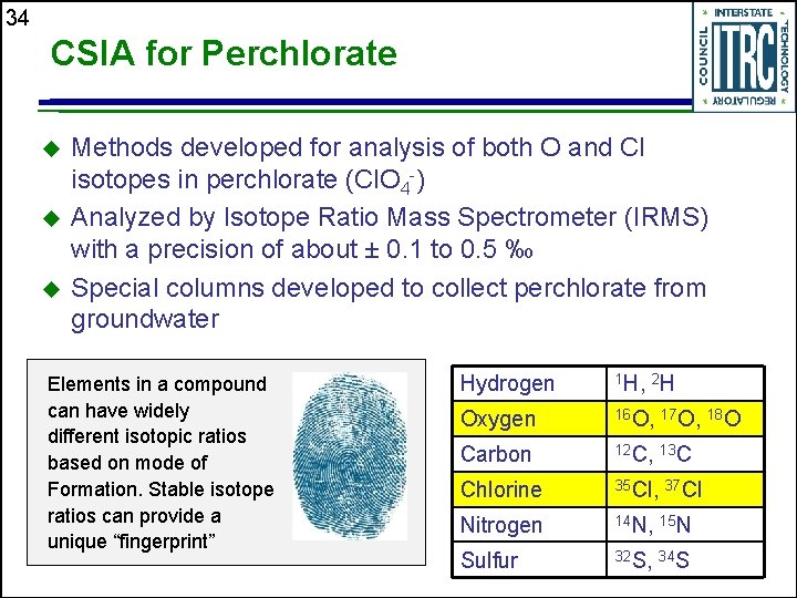 6 34 CSIA for Perchlorate u u u Methods developed for analysis of both