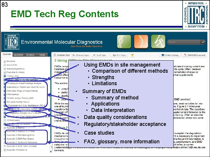 83 EMD Tech Reg Contents • Using EMDs in site management • Comparison of