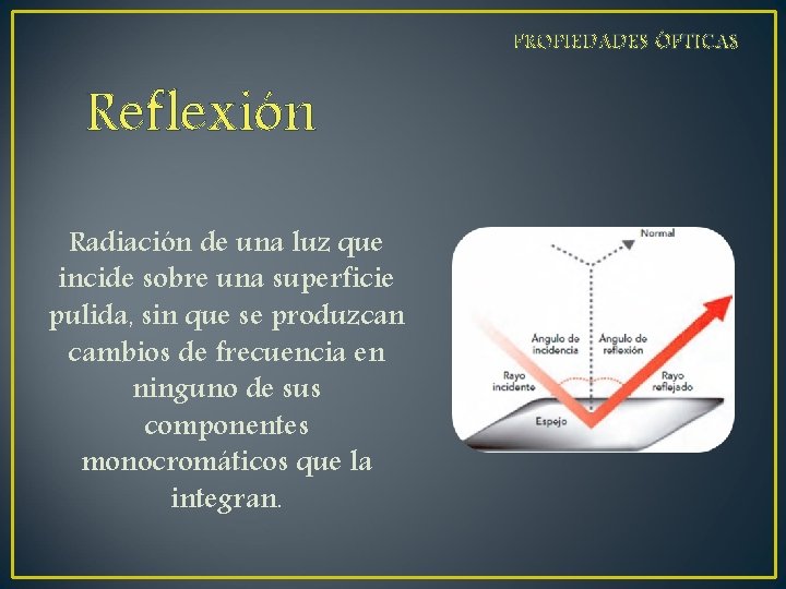 PROPIEDADES ÓPTICAS Reflexión Radiación de una luz que incide sobre una superficie pulida, sin PROPIEDADES ÓPTICAS Reflexión Radiación de una luz que incide sobre una superficie pulida, sin