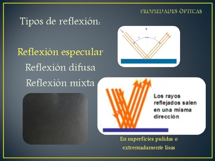 Tipos de reflexión: PROPIEDADES ÓPTICAS Reflexión especular Reflexión difusa Reflexión mixta En superficies pulidas Tipos de reflexión: PROPIEDADES ÓPTICAS Reflexión especular Reflexión difusa Reflexión mixta En superficies pulidas