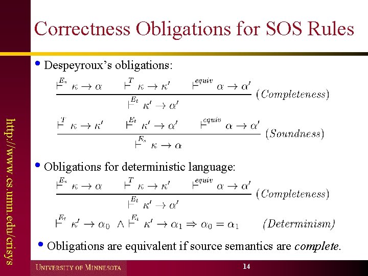 Correctness Obligations for SOS Rules • Despeyroux’s obligations: http: //www. cs. umn. edu/crisys •