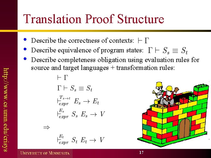 Translation Proof Structure • • • http: //www. cs. umn. edu/crisys Describe the correctness