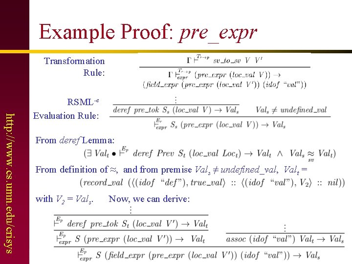 Example Proof: pre_expr Transformation Rule: http: //www. cs. umn. edu/crisys RSML-e Evaluation Rule: From
