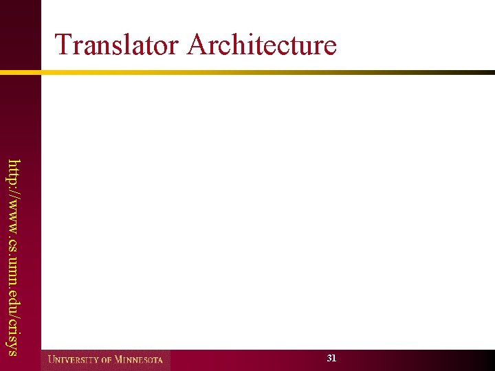 Translator Architecture http: //www. cs. umn. edu/crisys 31 