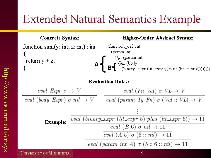 Extended Natural Semantics Example http: //www. cs. umn. edu/crisys Concrete Syntax: Higher-Order Abstract Syntax: