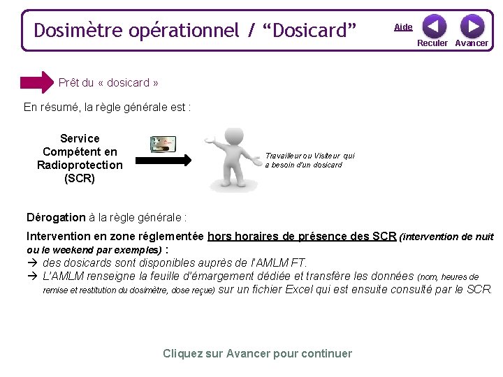 Dosimètre opérationnel / “Dosicard” Aide Reculer Avancer Prêt du « dosicard » En résumé,