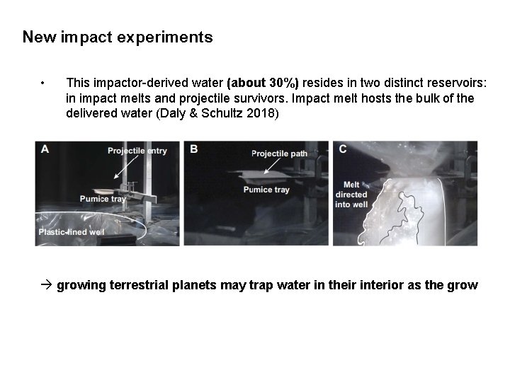 New impact experiments • This impactor-derived water (about 30%) resides in two distinct reservoirs: