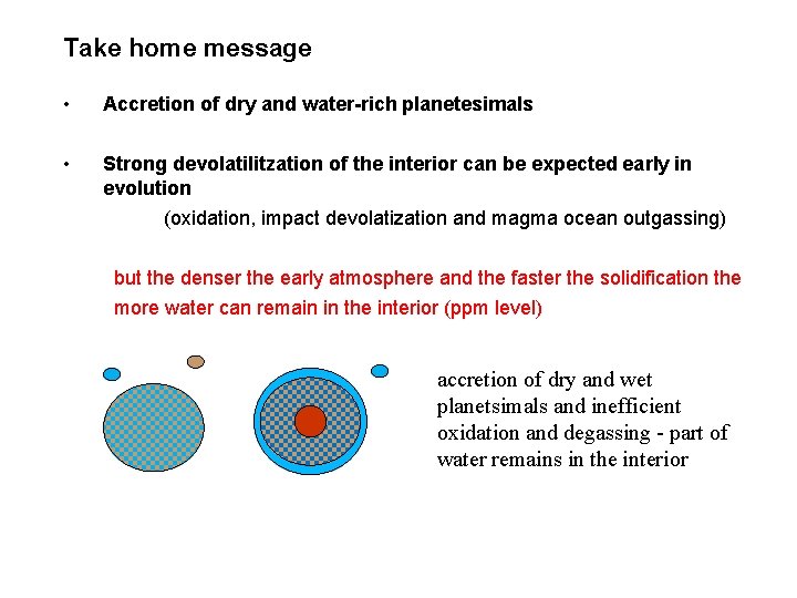 Take home message • Accretion of dry and water-rich planetesimals • Strong devolatilitzation of