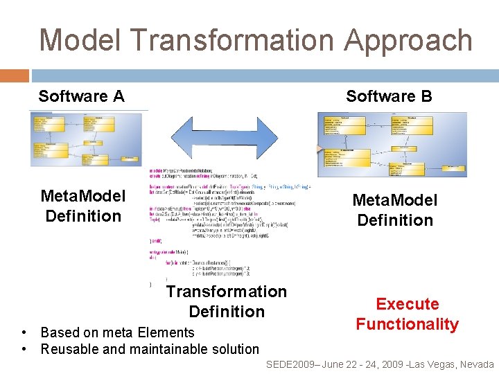 Model Transformation Approach Software A Software B Meta. Model Definition Transformation Definition • Based