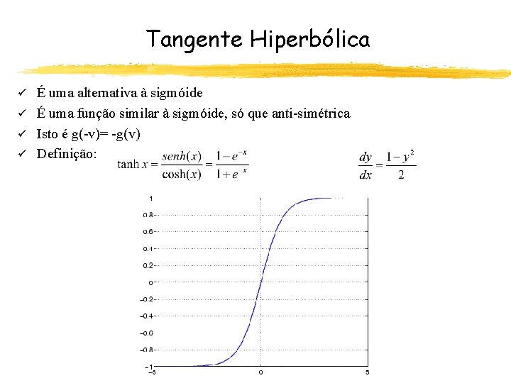 Tangente Hiperbólica É uma alternativa à sigmóide ü É uma função similar à sigmóide,