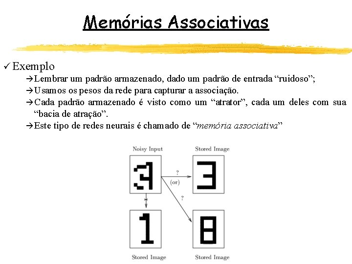 Memórias Associativas ü Exemplo à Lembrar um padrão armazenado, dado um padrão de entrada