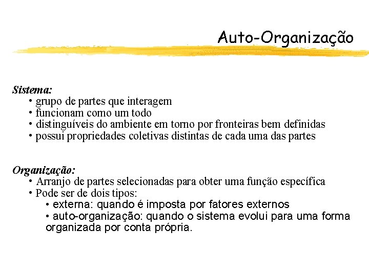 Auto-Organização Sistema: • grupo de partes que interagem • funcionam como um todo •