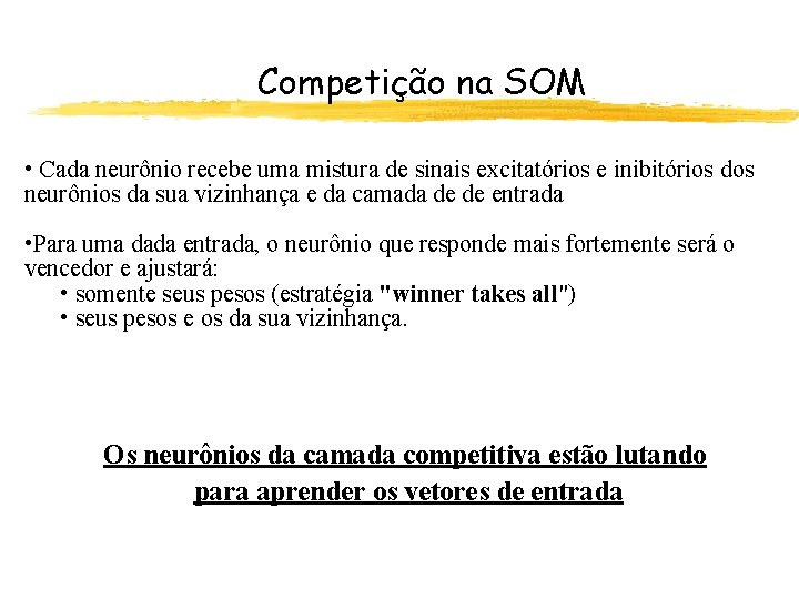 Competição na SOM • Cada neurônio recebe uma mistura de sinais excitatórios e inibitórios