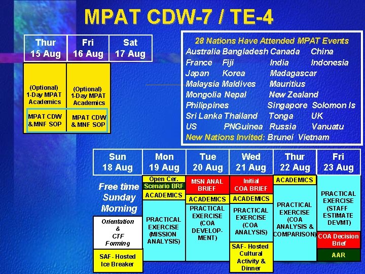 MPAT CDW-7 / TE-4 Thur 15 Aug Fri 16 Aug (Optional) 1 -Day MPAT MPAT CDW-7 / TE-4 Thur 15 Aug Fri 16 Aug (Optional) 1 -Day MPAT