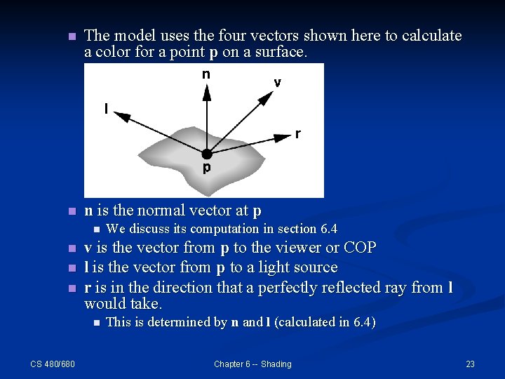 n The model uses the four vectors shown here to calculate a color for