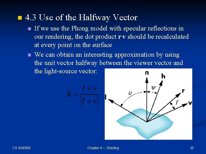 n 4. 3 Use of the Halfway Vector n n CS 480/680 If we