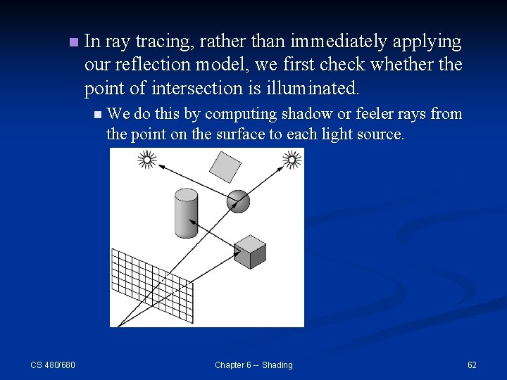 n In ray tracing, rather than immediately applying our reflection model, we first check