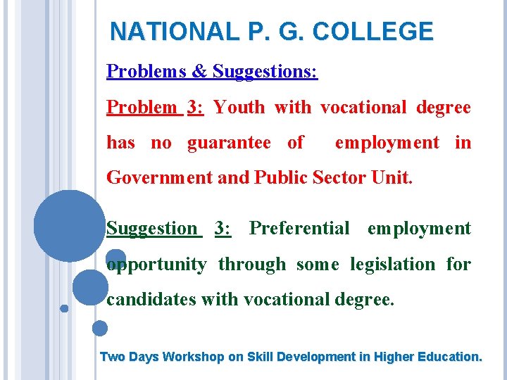 NATIONAL P. G. COLLEGE Problems & Suggestions: Problem 3: Youth with vocational degree has