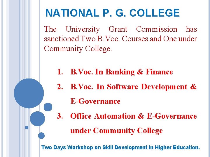 NATIONAL P. G. COLLEGE The University Grant Commission has sanctioned Two B. Voc. Courses