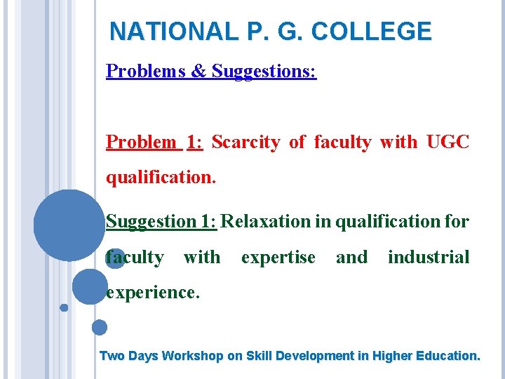 NATIONAL P. G. COLLEGE Problems & Suggestions: Problem 1: Scarcity of faculty with UGC