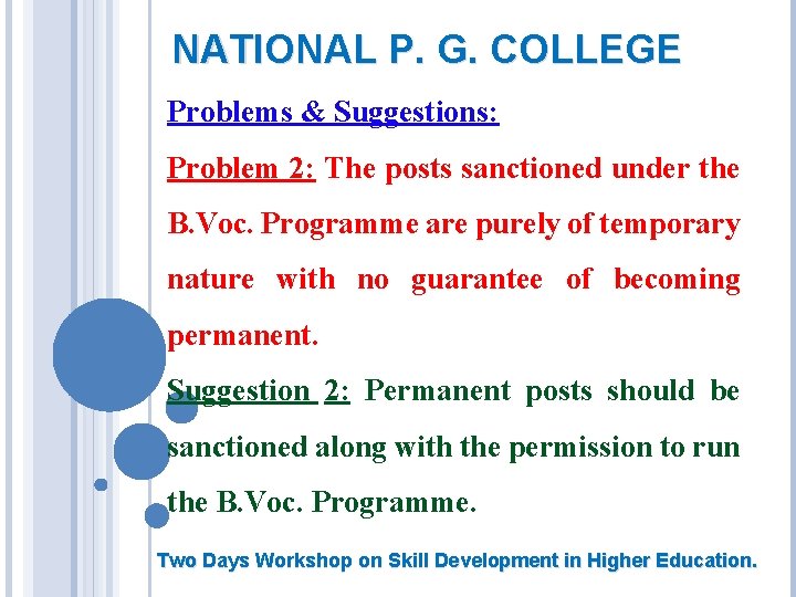 NATIONAL P. G. COLLEGE Problems & Suggestions: Problem 2: The posts sanctioned under the