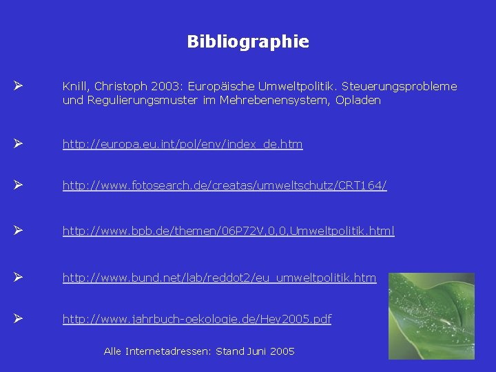 Bibliographie Ø Knill, Christoph 2003: Europäische Umweltpolitik. Steuerungsprobleme und Regulierungsmuster im Mehrebenensystem, Opladen Ø Bibliographie Ø Knill, Christoph 2003: Europäische Umweltpolitik. Steuerungsprobleme und Regulierungsmuster im Mehrebenensystem, Opladen Ø