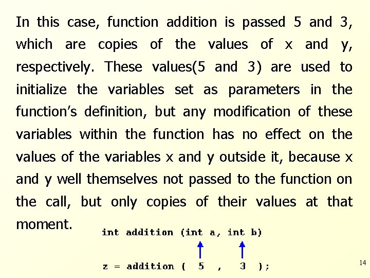 In this case, function addition is passed 5 and 3, which are copies of