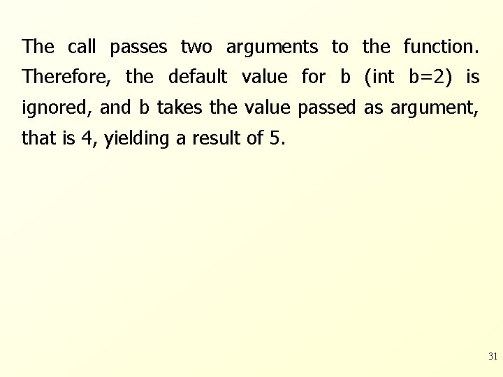 The call passes two arguments to the function. Therefore, the default value for b