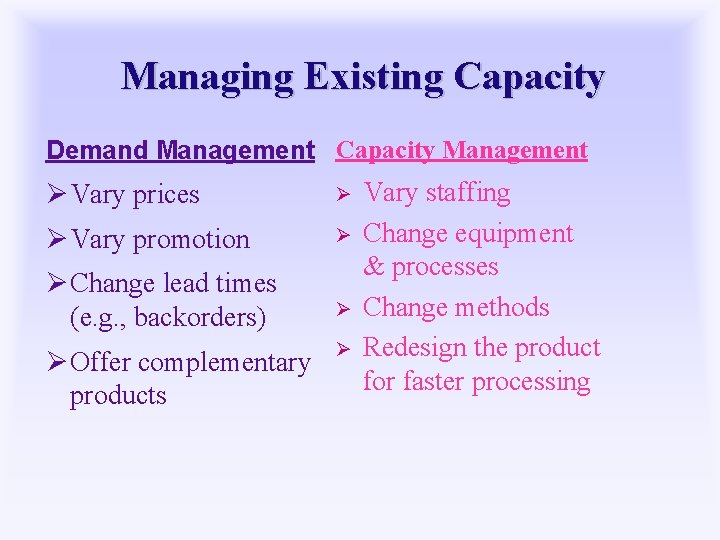 Managing Existing Capacity Demand Management Capacity Management Ø Vary prices Ø Ø Vary promotion