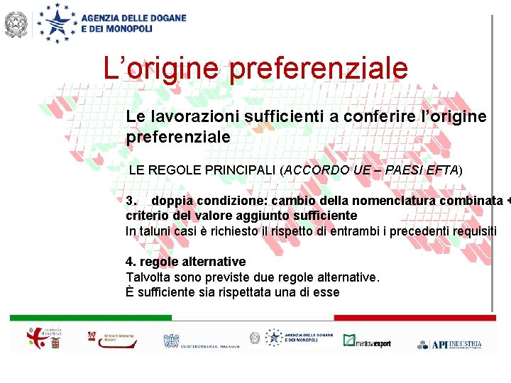 L’origine preferenziale Le lavorazioni sufficienti a conferire l’origine preferenziale LE REGOLE PRINCIPALI (ACCORDO UE