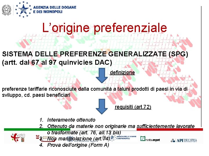 L’origine preferenziale SISTEMA DELLE PREFERENZE GENERALIZZATE (SPG) (artt. dal 67 al 97 quinvicies DAC)